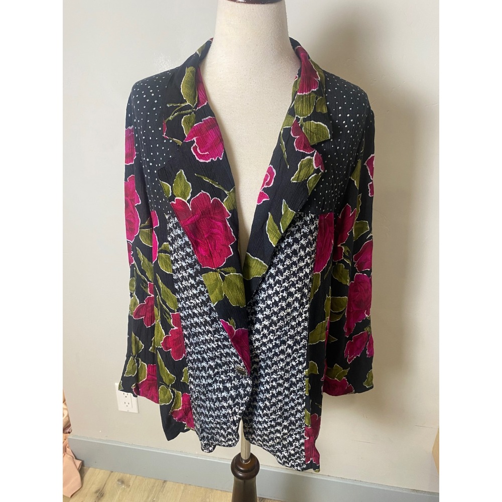 Vintage 90s Paquette Floral Houndstooth Polka Dot Mixed Media Blazer Jacket M/L